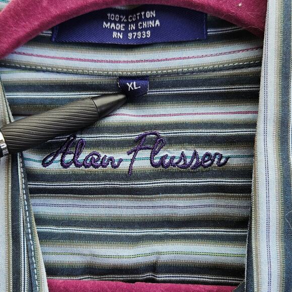 Alan Flusser XL Striped Dress Shirt Button UP Blue Green Cotton Men Professional - Picture 3 of 10